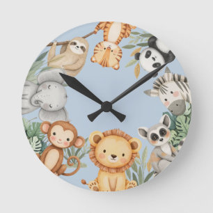 Pastel Tropical Wild One Jungle Safari Animals  Round Clock