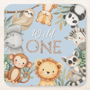 Pastel Tropical Wild One Jungle Safari Animals  Square Paper Coaster