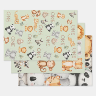 Pastel Tropical Wild One Jungle Safari Animals  Wrapping Paper Sheet