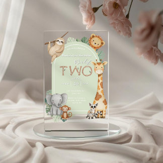 Pastel Tropical Wild Two Jungle Safari Animals Acrylic Invitations
