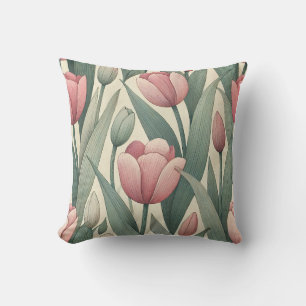 Pastel Tulip Garden Pattern Illustration Throw Pillow