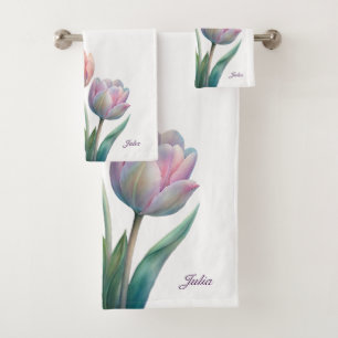 Pastel Tulip Wedding Suite Elegant Typography Bath Towel Set