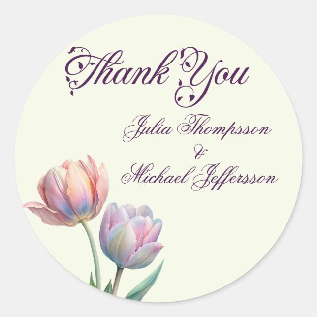 Pastel Tulip Wedding Suite Elegant Typography Classic Round Sticker (Front)