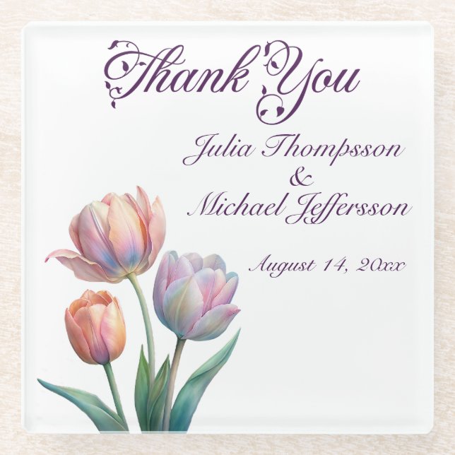 Pastel Tulip Wedding Suite Elegant Typography Glass Coaster (Front)