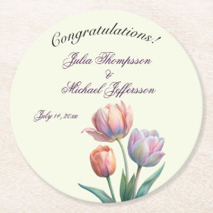 Pastel Tulip Wedding Suite Elegant Typography Round Paper Coaster