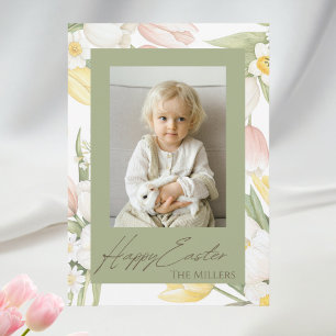 Pastel Tulips and Daffodils Custom Photo Easter Holiday Card