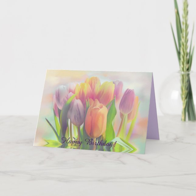 Pastel tulips with custom text birthday card (Front)