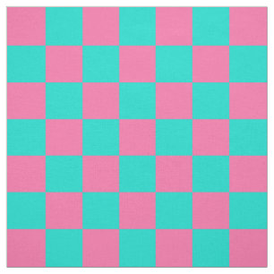 Pastel Turquoise Blue-green And Pink Chequered  Fabric