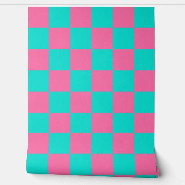 Pastel Turquoise Blue-green And Pink Chequered Wallpaper (Unrolling)