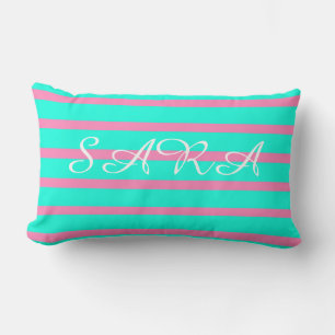 Pastel Turquoise Blue-green And Pink Stripes Lumbar Pillow