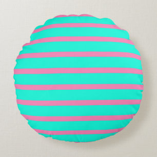 Pastel Turquoise Blue-green And Pink Stripes Round Pillow