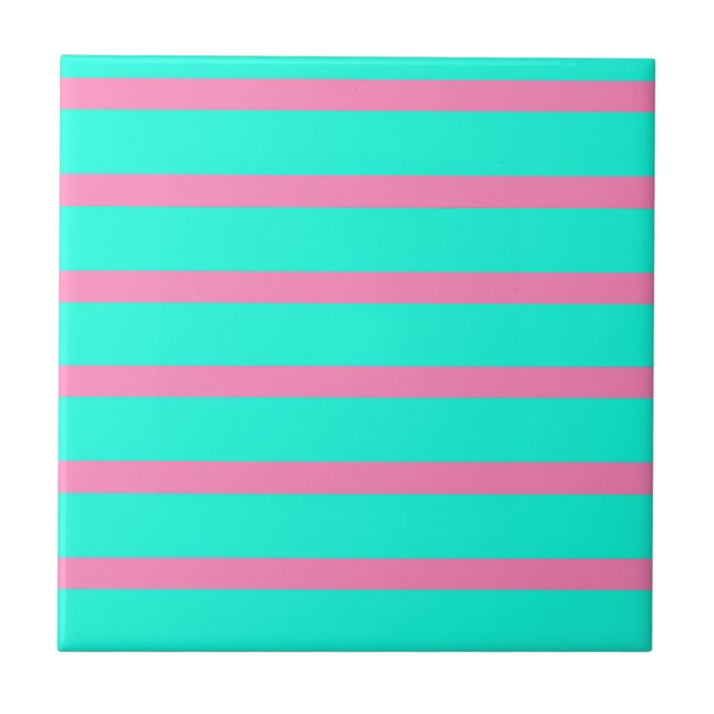 Pastel Turquoise Blue-green And Pink Stripes Tile (Front)
