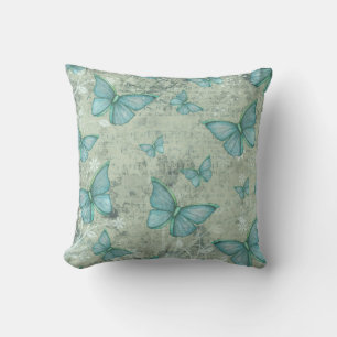 Pastel Turquoise Butterflies Vintage Style Pattern Throw Pillow