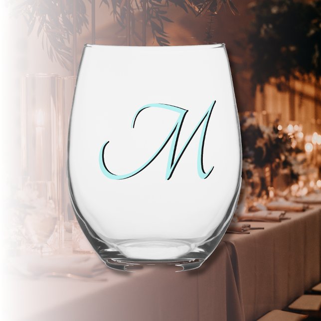 Pastel Turquoise Elegant Monogram Initial Letter Stemless Wine Glass (Creator Uploaded)