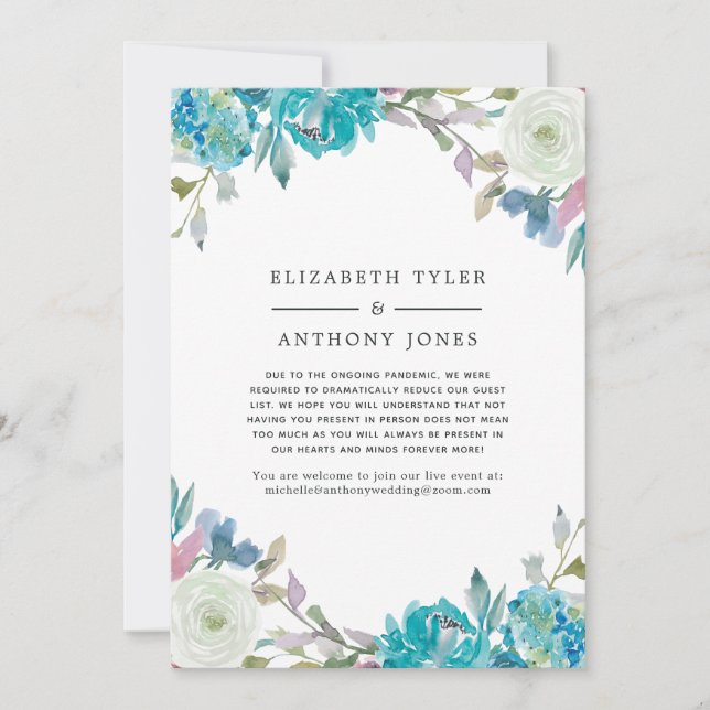 Pastel Turquoise Floral Reduced Guest List Announcement (Front)