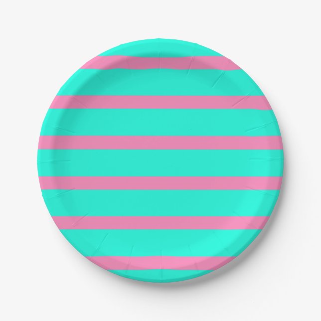Pastel Turquoise Pink Stripes Paper Plate (Front)