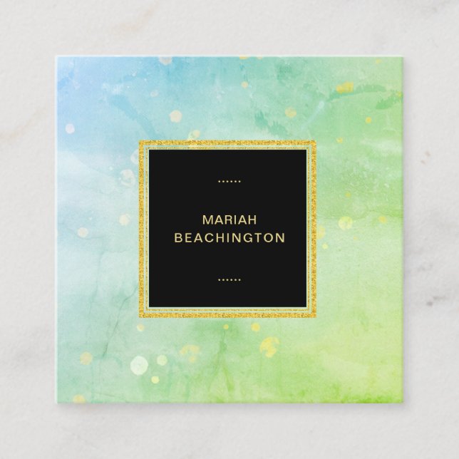 *~* Pastel Turquoise Sky Blue Lime Green Abstract Square Business Card (Front)