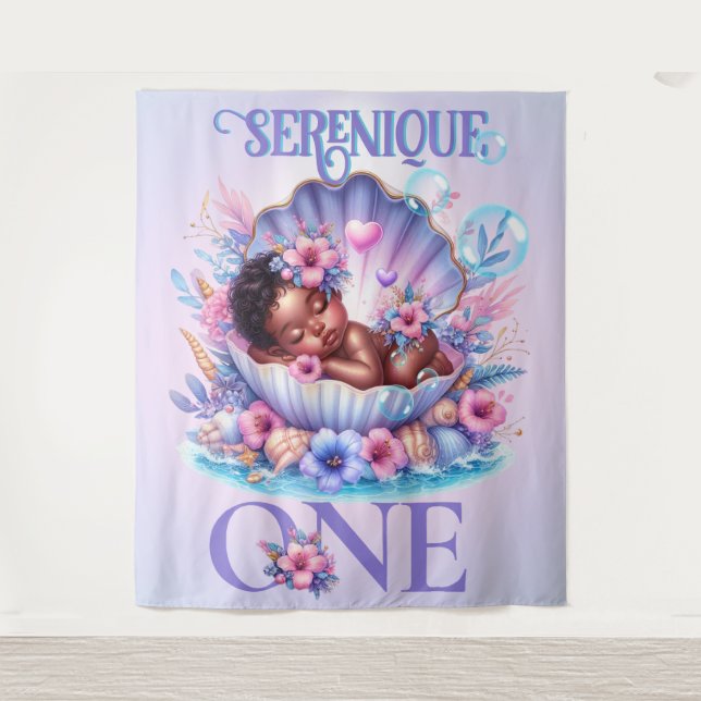 Pastel Under the Sea 1st Birthday African American Tapestry (Front)