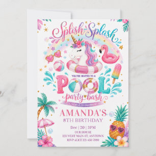 Pastel Unicorn and Flamingo Pool Birthday Invitation