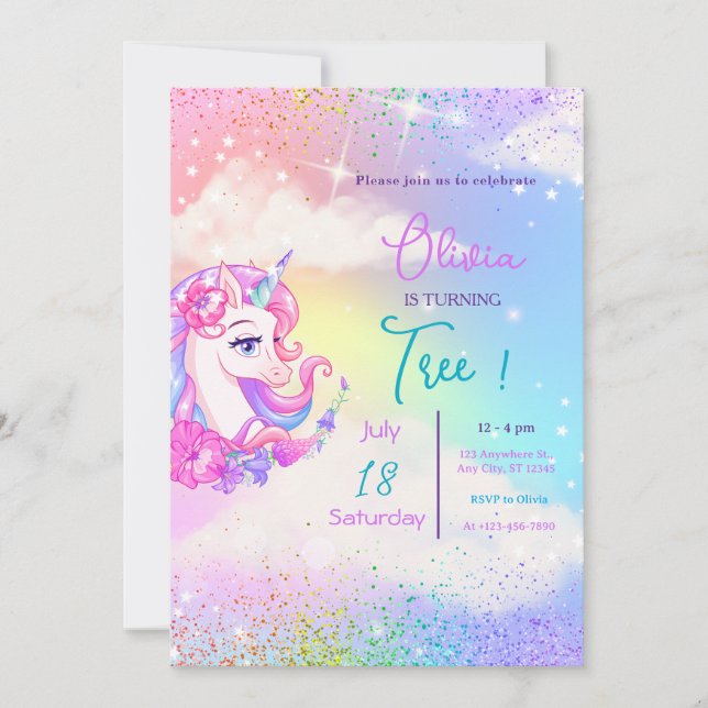 Pastel Unicorn Anniversaire Invitation Anniversair (Devant)