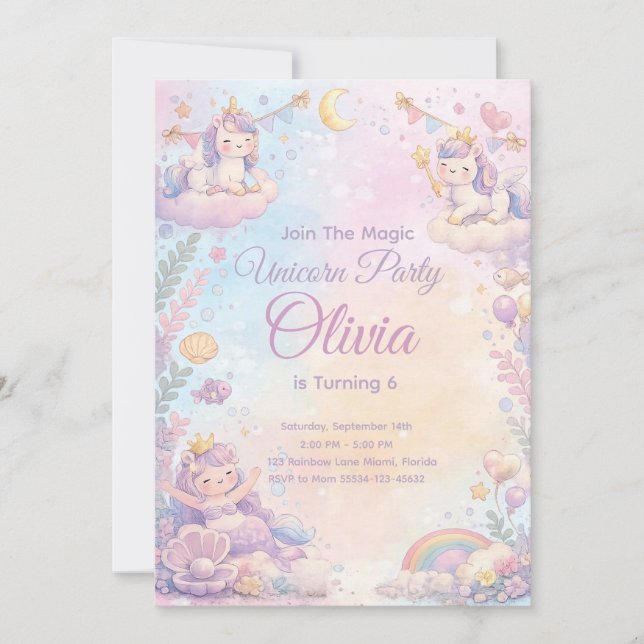 Pastel Unicorn Birthday Invitation Editable (Front)