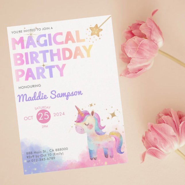 Pastel Unicorn Fille Anniversaire Fête Invitation (Pastel Unicorn Magical Birthday Party Invitation)