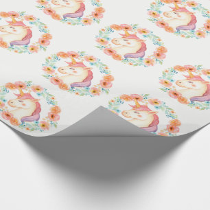 Pastel Unicorn, Floral Wreath Wrapping Paper