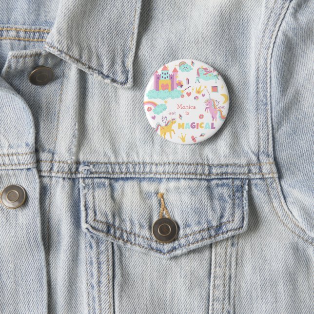 Pastel unicorn magic is all around birthday 2 inch round button (In Situ)