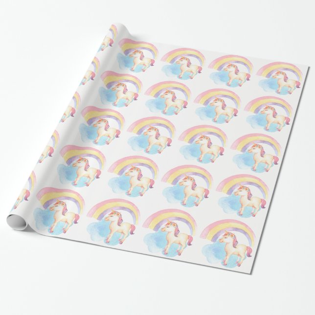 Pastel Unicorn on Cloud, Rainbow Wrapping Paper (Unrolled)