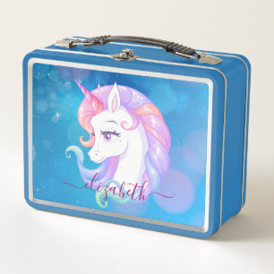 Pastel Unicorn Pony Blue Sparkle Stars Metal Lunch Box