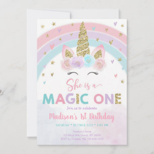 Pastel Unicorn Rainbow Gold First Birthday Invitation