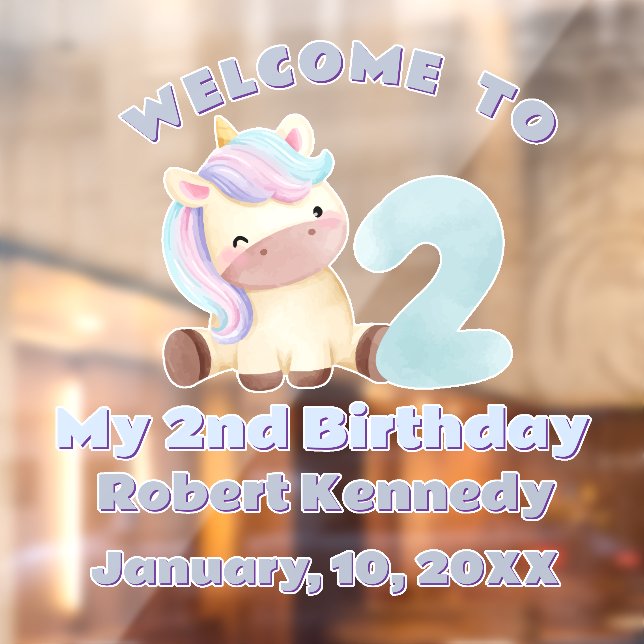 Pastel Unicorn Second Birthday Celebration Name Window Cling (Sheet 2)