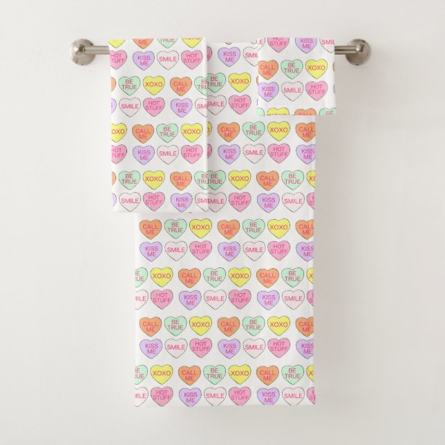 Pastel Valentine's Day Candy Hearts Love Print Bath Towel Set (Insitu)