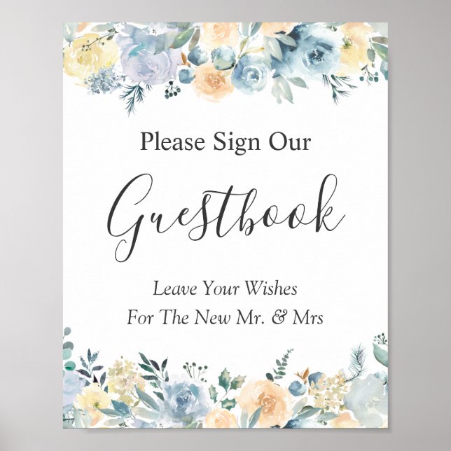 Pastel Vanilla Blue Floral Wedding Guestbook Sign (Front)