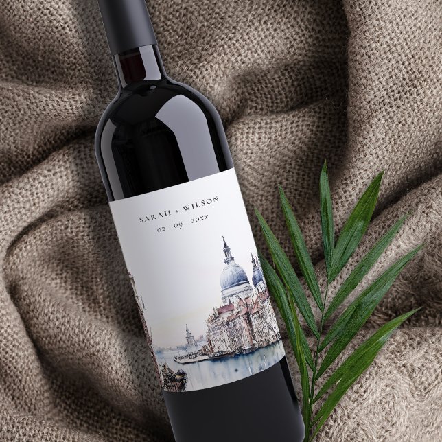 Pastel Venice Italy Canals Watercolor Wedding Wine Label (Creator Uploaded)