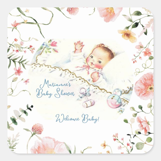 Pastel Vintage Baby Girl Baby Shower Square Sticker (Front)