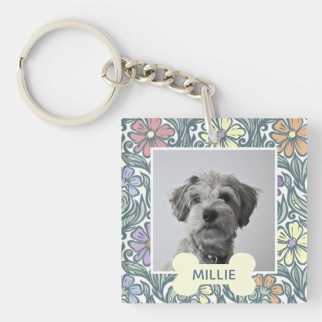 Pastel Vintage Floral Custom Dog Photo Keychain (Front)