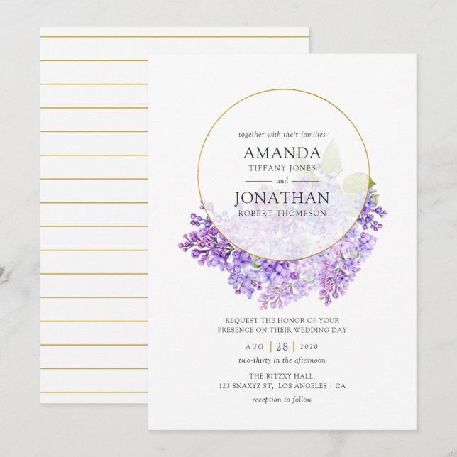 Pastel Violet and Gold Geometric Herbarium Wedding Invitation (Front/Back)