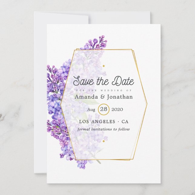 Pastel Violet and Gold Geometric Herbarium Wedding Save The Date (Front)