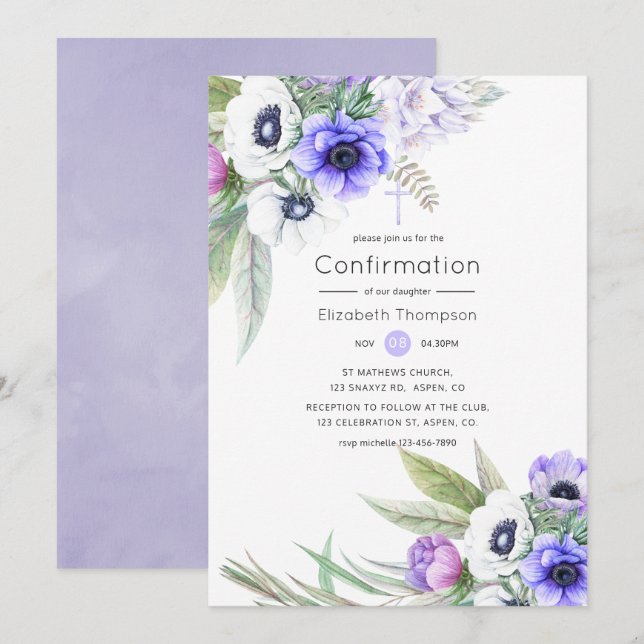 Pastel Violet and Plum Floral Confirmation Invitation (Front/Back)