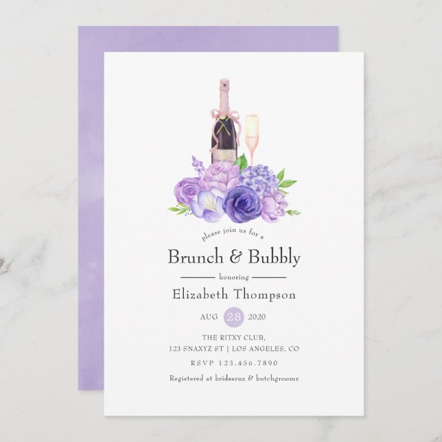 Pastel Violet Floral Brunch & Bubbly Bridal Shower Invitation (Front/Back)