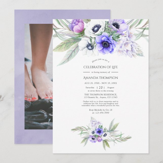 Pastel Violet Floral Celebration of Life Photo Invitation (Front/Back)