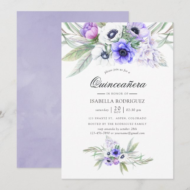 Pastel Violet Floral Quinceañera Invitation (Front/Back)