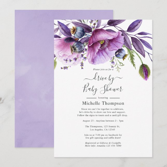 Pastel Violet Poppy Floral Drive By Shower Invitation (Front/Back)