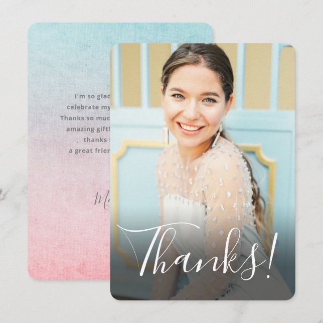 Pastel Watercolor Back Full Photo Aqua Thank You Card (Front/Back)