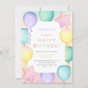 Pastel watercolor balloon Kids Birthday Invitation