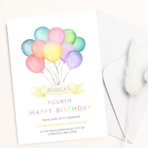 Pastel watercolor balloons kid Birthday invite
