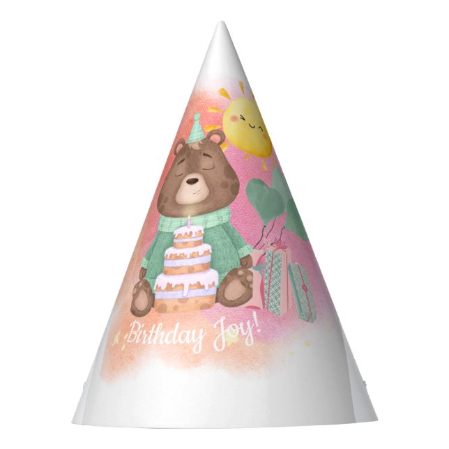Pastel Watercolor Bear Birthday Hat (Front)