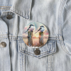 Pastel Watercolor Birds Fencepost Sunset 3 Inch Round Button