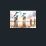 Pastel Watercolor Birds Fencepost Sunset Canvas Print<br><div class="desc">Soft watercolor brushwork captures two fluffy songbirds resting on weathered fence posts as a glowing sunset spreads across a dreamy countryside sky. Gentle washes of peach, blush pink, pale blue, and warm gold blend into a tranquil horizon, creating a calm pastoral atmosphere. The birds appear round and feathery, their delicate...</div>